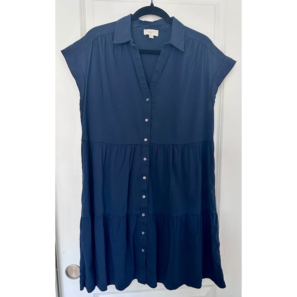 LOFT Outlet Tiered Shirt Dress Navy Blue Large Short Sleeve Button Front Cotton